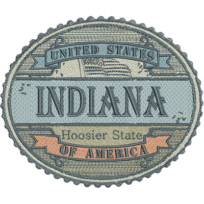 An embroidery design of a circular patch featuring the word "INDIANA" prominently, along with the phrases "Hoosier State" and "United States of America" in a decorative style.