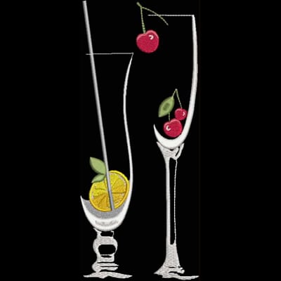 An embroidery design of two elegant cocktail glasses, one garnished with a slice of lemon and the other adorned with cherries and green leaves.