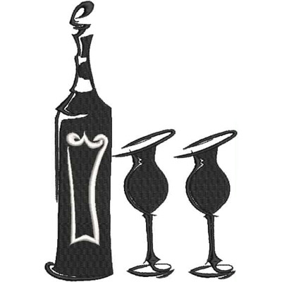 An embroidery design of a stylish bottle and two elegant glasses in a sleek black and white style.