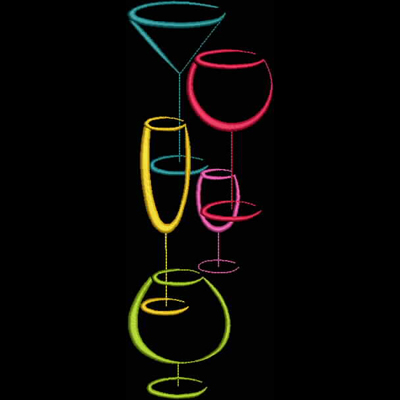 An embroidery design of various colorful drinking glasses stacked vertically, showcasing a playful and modern aesthetic.