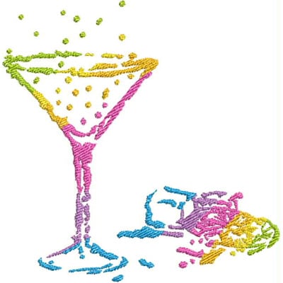An embroidery design of a colorful martini glass with bubbles and a spilled drink beside it.