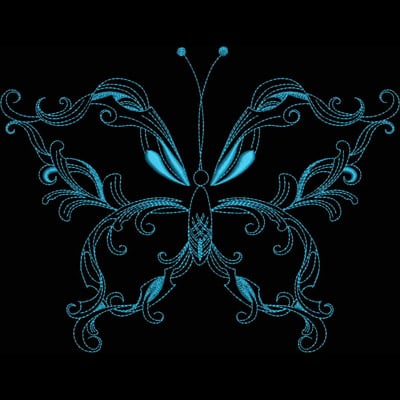 An embroidery design of a beautifully ornate butterfly featuring intricate swirls and vibrant shades of blue.