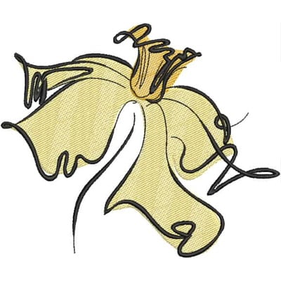 An embroidery design of a delicate yellow flower with flowing petals and intricate black outlines.