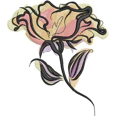 An embroidery design of a stylized flower featuring soft pink and lavender hues with bold black outlines.
