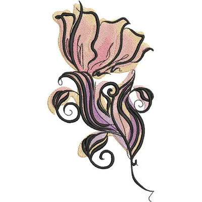 An embroidery design of a stylized flower with delicate petals in soft pink hues and elegant swirling elements.