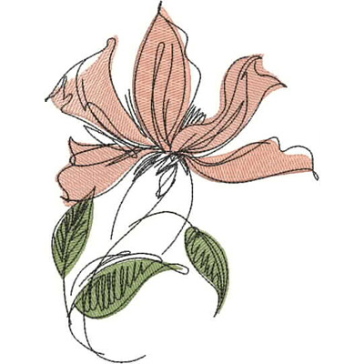 An embroidery design of a delicate pink flower with flowing petals and green leaves gracefully entwined.