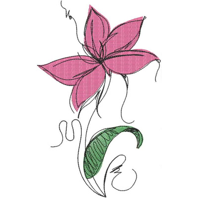 An embroidery design of a stylized pink flower with flowing green leaves and delicate swirling lines.