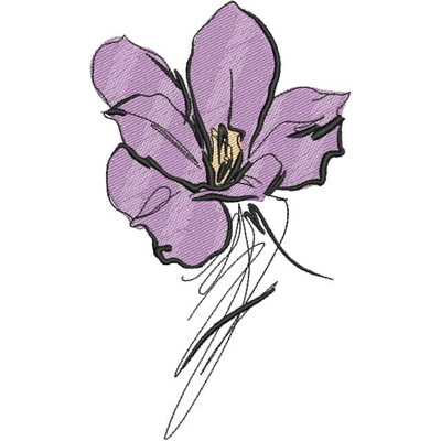 An embroidery design of a delicate purple flower featuring detailed petals and slender lines to create a sense of movement.