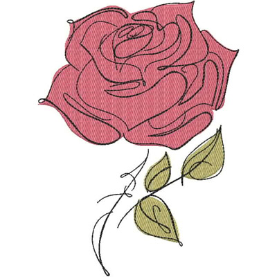 An embroidery design of a pink rose with delicate outlines and green leaves.