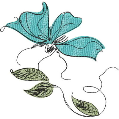 An embroidery design of a delicate butterfly in shades of turquoise accompanied by two stylized green leaves.