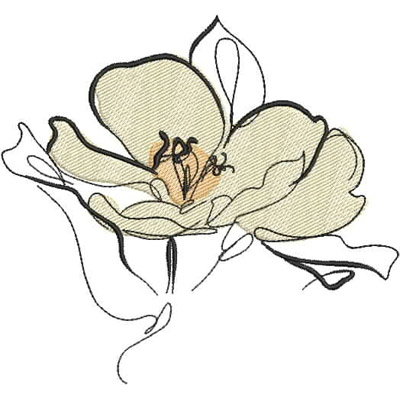 An embroidery design of a delicate, light-colored flower with elegant outlines and intricate detailing.