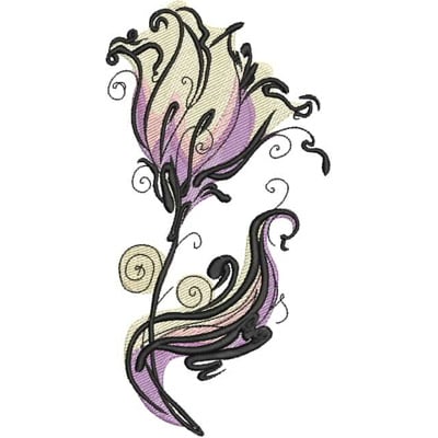 An embroidery design of an elegant floral motif featuring delicate curves and swirls in soft purple and cream tones, accented by black outlines.