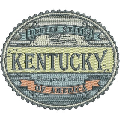 An embroidery design of a circular badge featuring the word "KENTUCKY," the phrase "Bluegrass State," and "UNITED STATES OF AMERICA" in a vintage style.