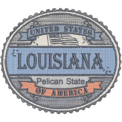 An embroidery design of a circular patch featuring the words "Louisiana," "Pelican State," and "United States of America" in a vintage style.