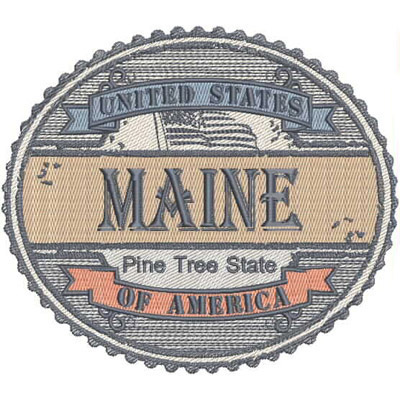 An embroidery design of a circular patch featuring the text "Maine," along with the phrases "Pine Tree State" and "United States of America," all surrounded by decorative borders.