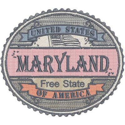 An embroidery design of a circular patch featuring the words "MARYLAND" and "Free State of America" in a vintage style, adorned with an illustration of the American flag.