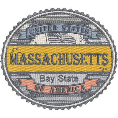An embroidery design of a circular patch featuring the text "Massachusetts" prominently in the center, flanked by "Bay State" and "of America" in decorative styles, with a layered border.