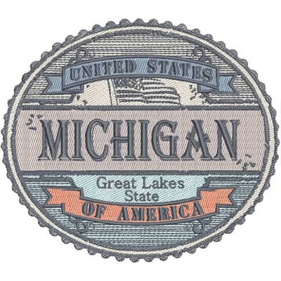 An embroidery design of a circular patch featuring the text "Michigan," "Great Lakes State," and "United States of America," with decorative elements and a scalloped border.