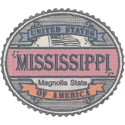 An embroidery design of a circular badge featuring the text "MISSISSIPPI" along with "Magnolia State" and "United States of America" in decorative colors and styles.