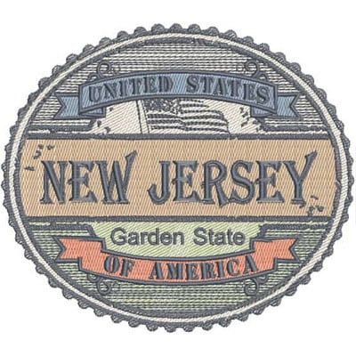 An embroidery design of a circular patch featuring the words "NEW JERSEY," "Garden State," and "OF AMERICA" with decorative elements.