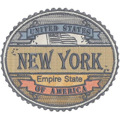 An embroidery design of a circular patch featuring the words "NEW YORK," "Empire State," and "UNITED STATES OF AMERICA" in various colors with decorative borders.