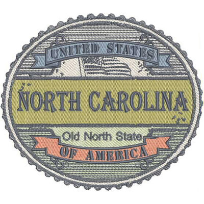 An embroidery design of a circular patch featuring the words "North Carolina," "Old North State," and "United States of America," surrounded by a decorative border.