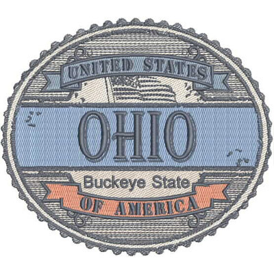 An embroidery design of a circular patch featuring the word "Ohio," with the phrases "Buckeye State" and "United States of America" in decorative banners around it.