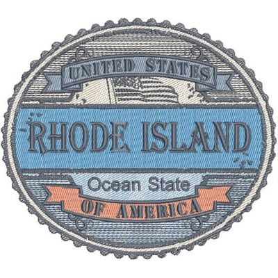 An embroidery design of a circular badge featuring the words "Rhode Island," "Ocean State," and "United States of America" with decorative elements surrounding the text.