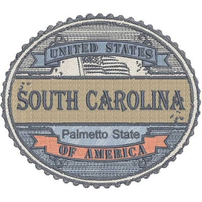 An embroidery design of a circular patch featuring the text "South Carolina" prominently displayed, along with "United States" and "Palmetto State of America" in a decorative format.