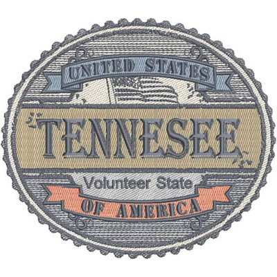 An embroidery design of a badge featuring the word "TENNESSEE" prominently displayed, along with "Volunteer State" and "United States of America" in a circular format.