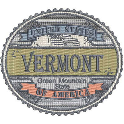 An embroidery design of a badge featuring the text "Vermont," "Green Mountain State," and "United States of America," surrounded by a decorative border.