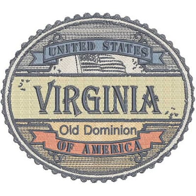 An embroidery design of a circular patch featuring the text "Virginia" prominently, along with the phrases "Old Dominion" and "United States of America" in a vintage style.