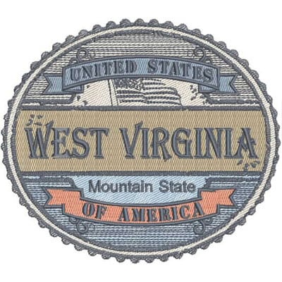 An embroidery design of a circular badge featuring "West Virginia" prominently, along with the phrases "Mountain State" and "United States of America" in a decorative style.