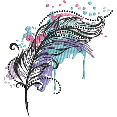 An embroidery design of an elegantly detailed feather with flowing lines and colorful splashes in shades of pink, blue, and purple.