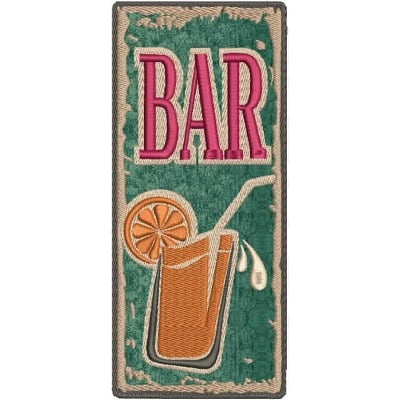 An embroidery design of a vibrant orange drink with a slice of orange and a straw, accompanied by the word "BAR" in bold pink lettering.