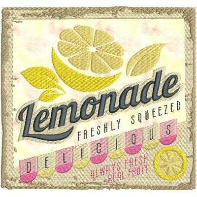 An embroidery design of a colorful lemonade theme featuring the words "Lemonade," "Freshly Squeezed," and "Delicious," along with lemon graphics.