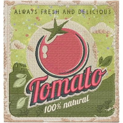 An embroidery design of a vibrant red tomato with the word "Tomato" in a bold, stylized font, accompanied by the phrase "100% natural" in a fun and playful manner.