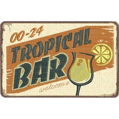 An embroidery design of a sign featuring the text "Tropical Bar" alongside a stylized cocktail glass and a slice of lemon, conveying a welcoming vibe.