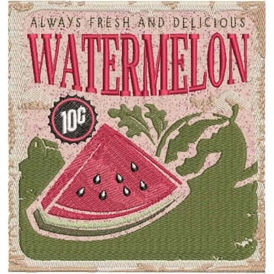 An embroidery design of a watermelon slice with the text "Always Fresh and Delicious Watermelon" prominently featured.