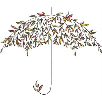 An embroidery design of an umbrella adorned with colorful leaves cascading from its canopy.