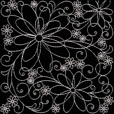 An embroidery design of intricate flowers and swirling vines, featuring a combination of large and small floral motifs.