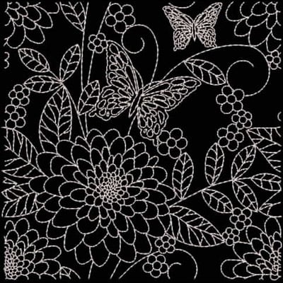 An embroidery design of intricate flowers and butterflies, featuring flowing lines and detailed floral motifs.