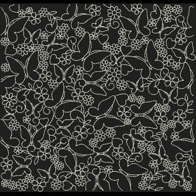 An embroidery design of whimsical butterflies and flowers intertwined in a delicate pattern.
