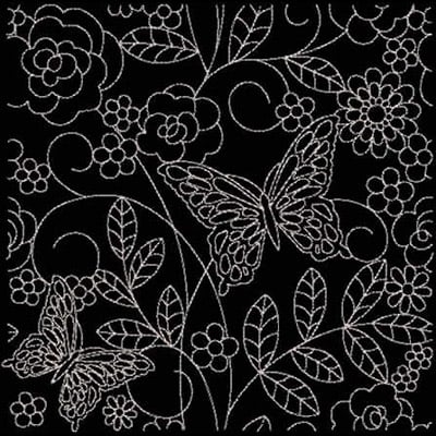 An embroidery design of intricate flowers and two butterflies, showcasing a delicate floral pattern.