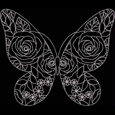 An embroidery design of a butterfly intricately composed of roses and delicate floral patterns.