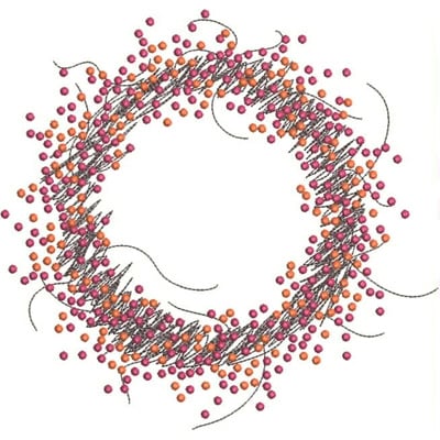 An embroidery design of a circular arrangement featuring colorful beads in shades of pink and orange, intertwined with delicate stitching.