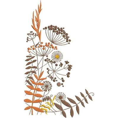 An embroidery design of assorted botanical elements, featuring various leaves, berries, and floral shapes in warm earthy tones.