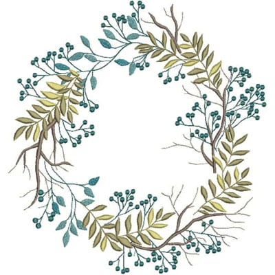 An embroidery design of a circular wreath made of delicate green leaves and blue berries.