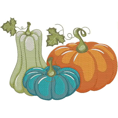 An embroidery design of three colorful pumpkins, including a green, teal, and orange variety, adorned with leaves and tendrils.