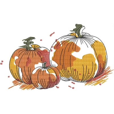 An embroidery design of three pumpkins in varying sizes, featuring warm autumn colors and decorative detailing.